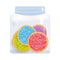 Frosted sugar cookies homemade Italian Freshly baked in glass jar with pink violet blue green frosting and colorful sprinkles isol