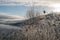 Frosted winter landscape in cold temperature with ice and hoar frost on lake, rime on crisp, frozen leaves and mountains