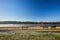 Frosted wooden benches and fog on the lake