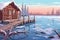 frosted wooden dock in front of a log cabin in winter, magazine style illustration