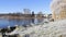 Frostiness in winter with blue sky and small lake