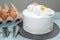 Frosting, cake making baking utensils accessories and raw eggs kitchen on table