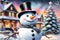 Frosty Elegance: Snowman Adorned with a Charcoal Smile, Carrot Nose, Sporting a Top Hat, Standing Foreground, Decorative Winter