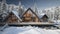 Frosty Frames. Modern Chalet In Winter With Snow Covered Trees On Background. Generative AI