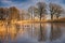 frosty lake with coot in the ice-free area. Trees on the edge and reeds in lake