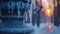 Frosty Landmark, Close-Up of a City Monument Frosted Over, with Icicles Hanging, Dawn's Early Light, Symbolizing