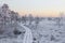 Frosty morning at forest. Landscape with the frozen plants, trees and water.