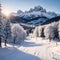 Frosty morning view of Alpe di Siusi village. Breathtaking winter landscape of Dolomite Alps. Majestic outdoor scene