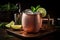 A frosty, Moscow Mule, served in an ice-cold copper mug, garnished with a lime wedge and sprig of mint, surrounded by a refreshing