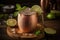 A frosty, Moscow Mule, served in an ice-cold copper mug, garnished with a lime wedge and sprig of mint, surrounded by a refreshing