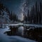 Frosty reflections in the night: winter landscape in the mountains with coniferous forest