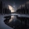 Frosty reflections in the night: winter landscape in the mountains with coniferous forest