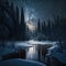 Frosty reflections in the night: winter landscape in the mountains with coniferous forest