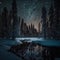 Frosty reflections in the night: winter landscape in the mountains with coniferous forest