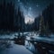 Frosty reflections in the night: winter landscape in the mountains with coniferous forest