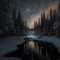 Frosty reflections in the night: winter landscape in the mountains with coniferous forest