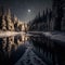 Frosty reflections in the night: winter landscape in the mountains with coniferous forest