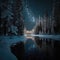 Frosty reflections in the night: winter landscape in the mountains with coniferous forest