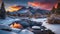 Frosty River Reflections, Winter Sunset in the Mountainous Landscape. AI Generated