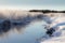 Frosty river with snowy surroundings