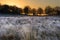 Frosty Winter landscape across field at sunrise