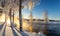 Frosty winter morning landscape with mist and forest river, Russia, Ural