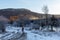 Frosty winter morning in nature, warm morning light on the background of snow, shrubs and trees in patterns of frost.