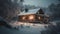 Frosty winter night, snowing on abandoned hut generative AI