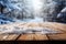 Frosty winters day a wooden table dusted with glistening snow