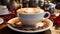 Frothy cappuccino on elegant wooden coffee table