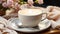 Frothy cappuccino on elegant wooden coffee table