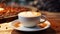 Frothy cappuccino on elegant wooden coffee table