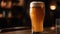 Frothy craft beer poured into pint glass on wooden bar counter generated by AI