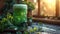 Frothy green beer in a mug with shamrocks on a wooden table, bathed in warm sunlight, symbolizing St. Patrick\\\'s Day