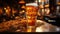 A frothy pint of beer on a wooden bar counter generative AI