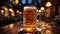 A frothy pint of beer on a wooden pub table generative AI