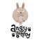 Frowning rabbit is paws up with lettering quote Angry bunny. Modern flat textured illustration in cartoon style on white