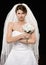 Frowning young bride in wedding dress and veil