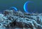 A frozen alien land, with blue moons behind.