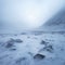 Frozen arctic tundra landscape with mist and snow, created using generative ai technology