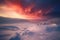 Frozen arctic tundra landscape with red clouds and snow, created using generative ai technology