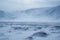 Frozen arctic tundra landscape with snow and mist, created using generative ai technology