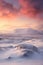 Frozen arctic tundra landscape with snow and red clouds, created using generative ai technology