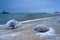 Frozen Baltic Sea beach in Babie DoÅ‚y at sunset, Gdynia. Poland