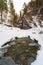 The frozen bed of the Kyngyrga mountain river in early spring. Arshan resort, Republic of Buryatia, Russia, Siberia