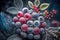 frozen berries of blueberries and cherries covered with thin white frost