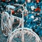 Frozen bike on the background of a Christmas tree with toys, New Year
