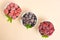 Frozen blueberries, strawberries and raspberries in bowls on a neutral background. Freezing food. Long-term storage. Copy space