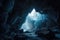 frozen cavern, with eerie blue light and mist, creating otherworldly atmosphere