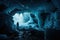 frozen cavern, with eerie blue light and mist, creating otherworldly atmosphere